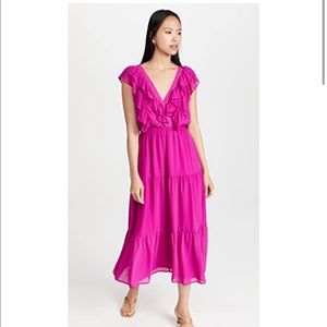 Wayf Double V Magenta Midi tiered ruffle dress